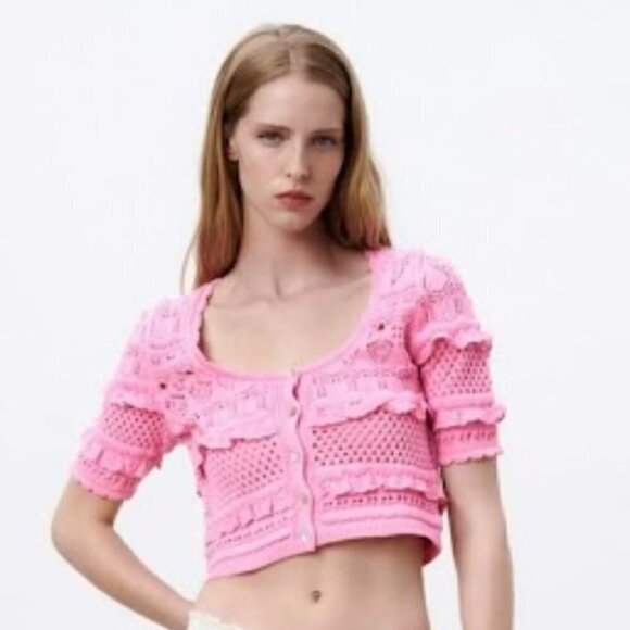Zara | Short Sleeve Pink Lace Crochet Cardigan - Picture 11 of 11